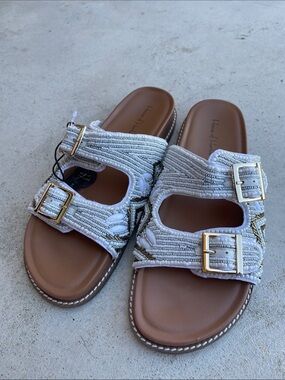 House of Harlow 1960 Beaded Leather Footbed Slide Sandals White Gold